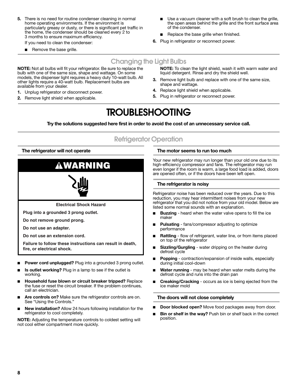Troubleshooting, Warning, Changing the light bulbs | Refrigerator operation | Estate Refrigerator W10193170A User Manual | Page 8 / 36