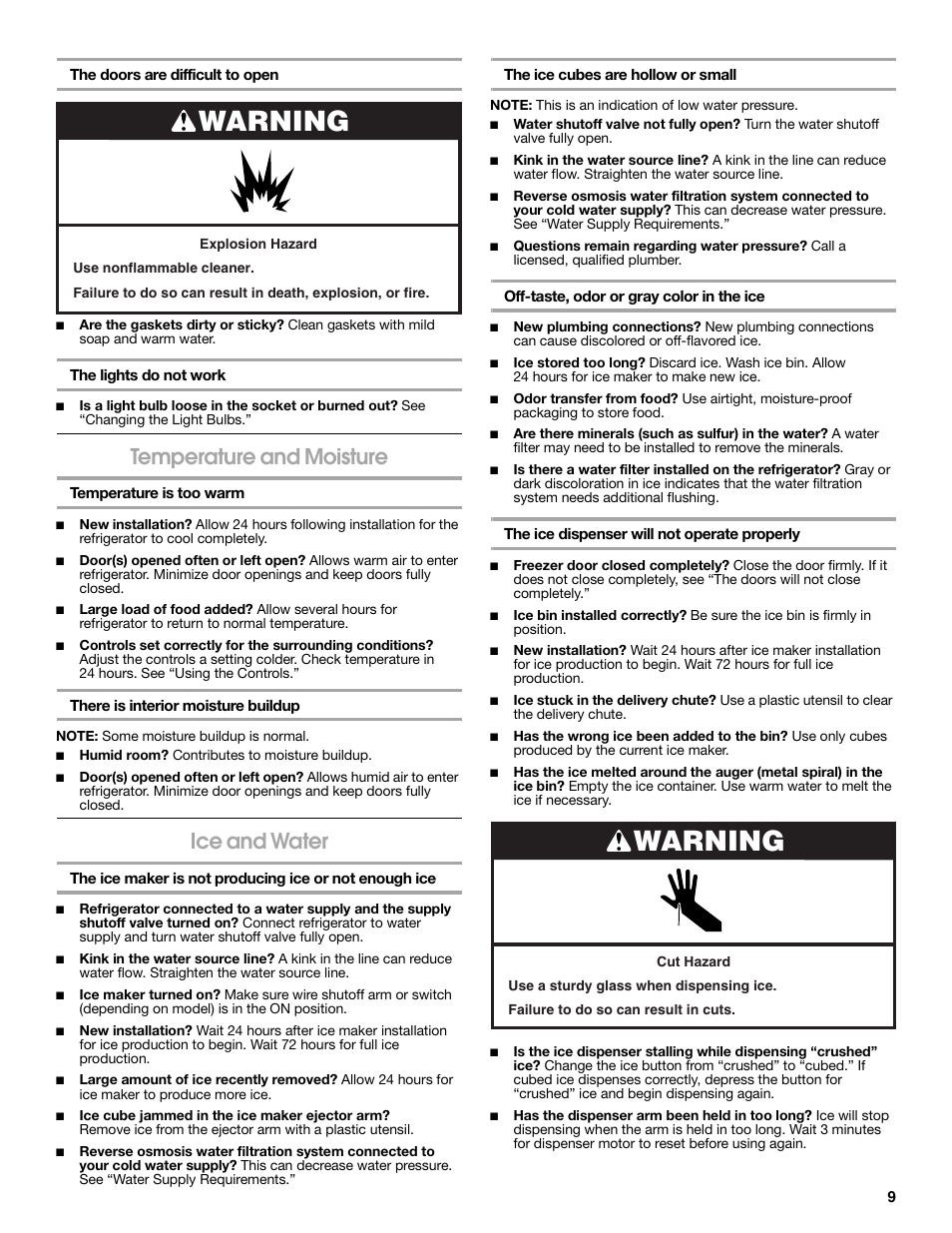 Warning, Temperature and moisture, Ice and water | Estate Refrigerator W10193170A User Manual | Page 9 / 36