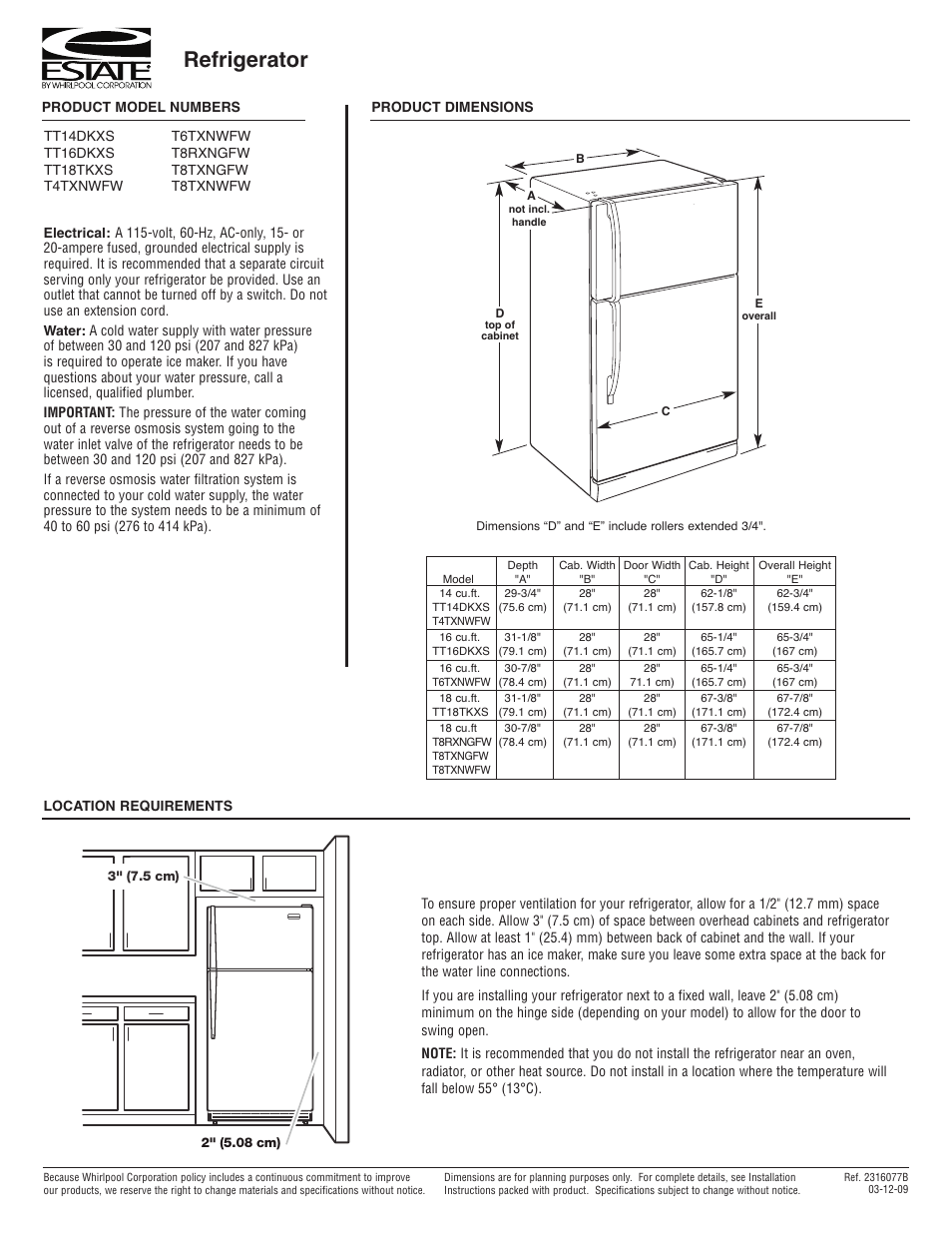 Estate T4TXNWFW User Manual | 1 page