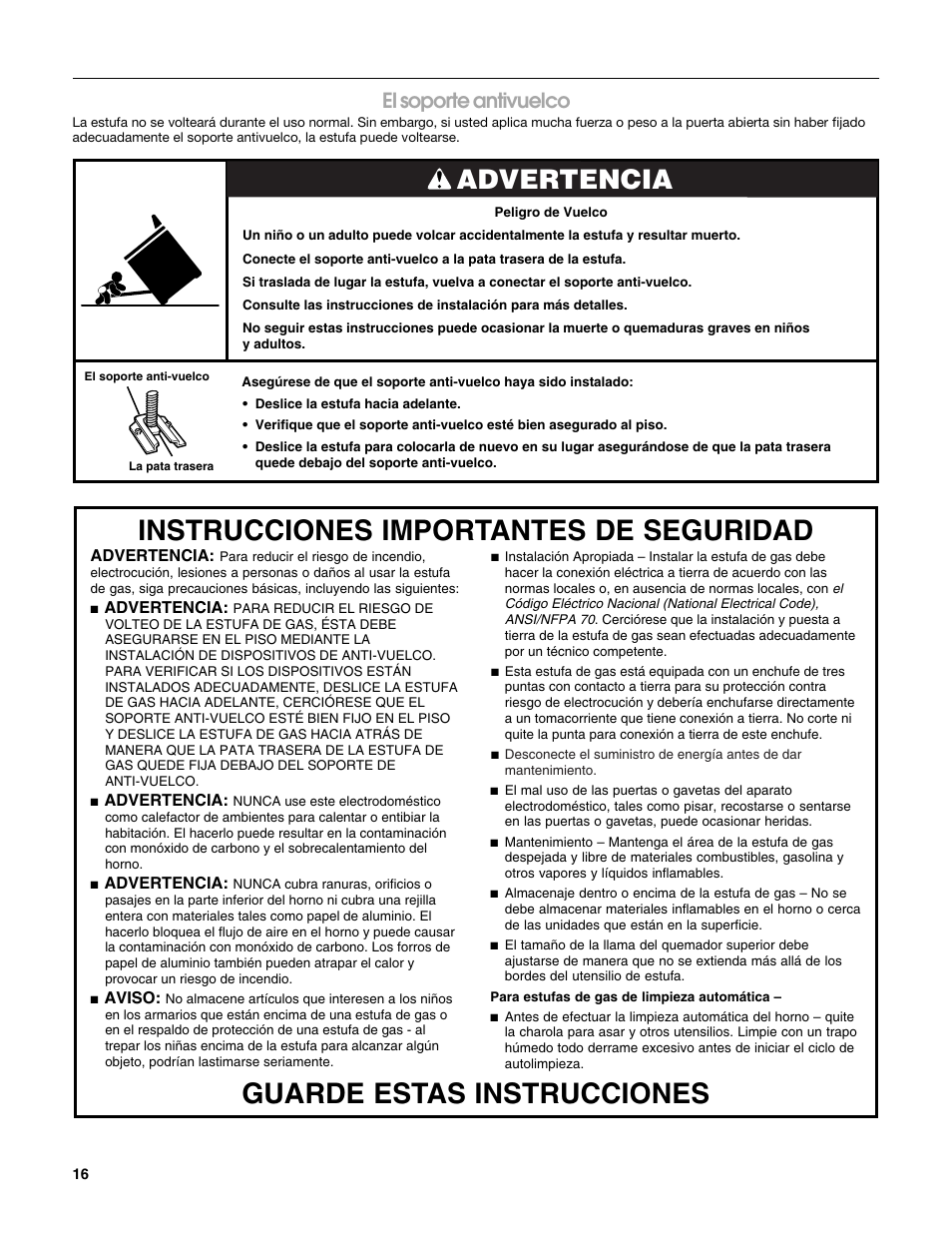 Advertencia, El soporte antivuelco | Estate W10203464A User Manual | Page 16 / 28