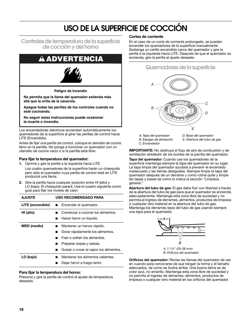 Uso de la superficie de cocción, Advertencia, Quemadores de la superficie | Estate W10203464A User Manual | Page 18 / 28