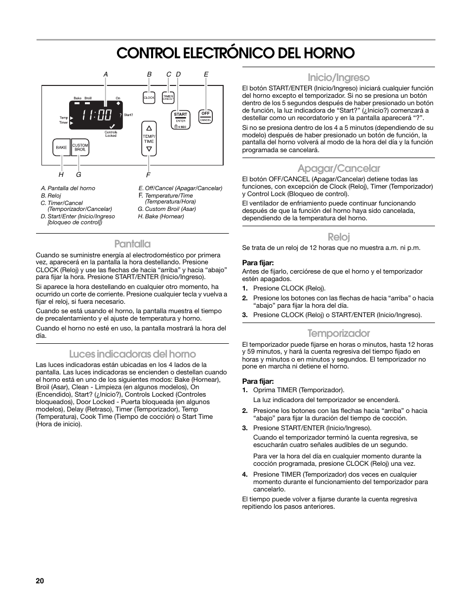 Control electrónico del horno, Pantalla, Luces indicadoras del horno | Inicio/ingreso, Apagar/cancelar, Reloj, Temporizador | Estate W10203464A User Manual | Page 20 / 28