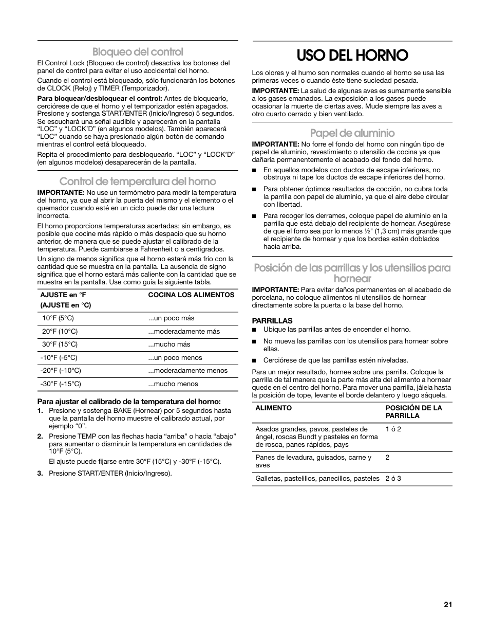 Uso del horno, Bloqueo del control, Control de temperatura del horno | Papel de aluminio | Estate W10203464A User Manual | Page 21 / 28