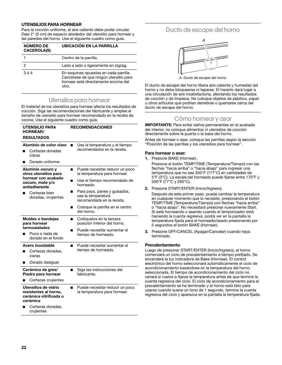 Utensilios para hornear, Ducto de escape del horno, Cómo hornear y asar | Estate W10203464A User Manual | Page 22 / 28
