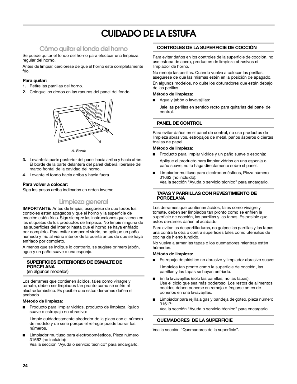 Cuidado de la estufa, Cómo quitar el fondo del horno, Limpieza general | Estate W10203464A User Manual | Page 24 / 28