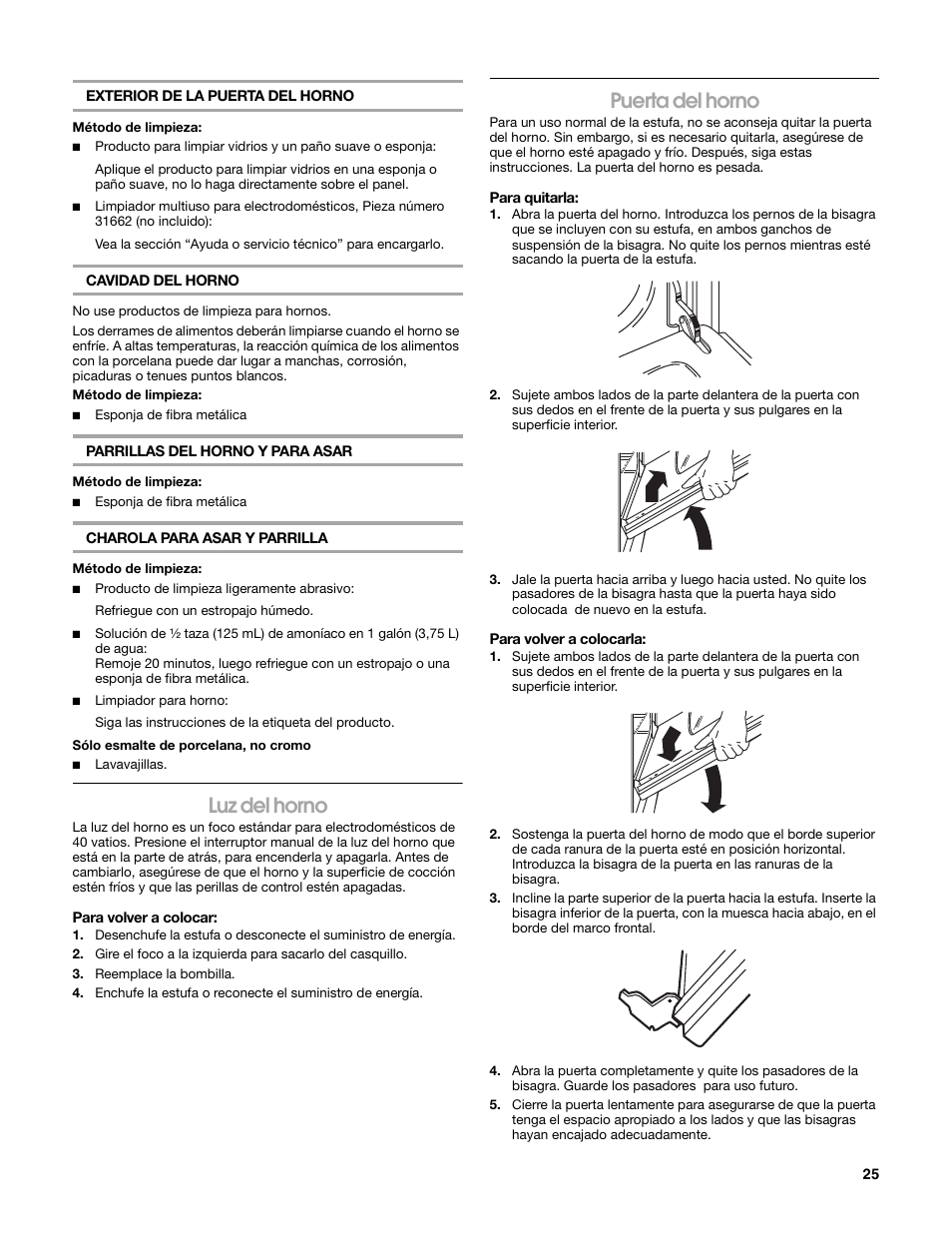 Luz del horno, Puerta del horno | Estate W10203464A User Manual | Page 25 / 28