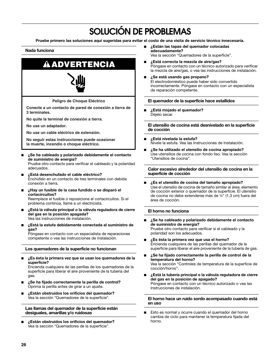 Solución de problemas, Advertencia | Estate W10203464A User Manual | Page 26 / 28