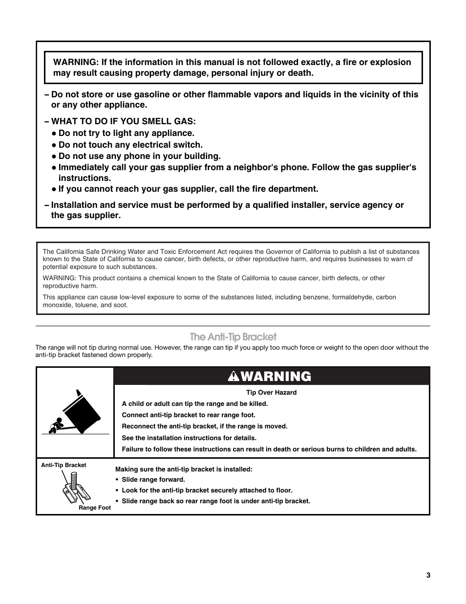 Warning, The anti-tip bracket | Estate W10203464A User Manual | Page 3 / 28