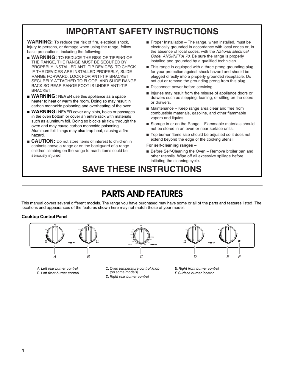 Parts and features, Warning, Caution | Estate W10203464A User Manual | Page 4 / 28