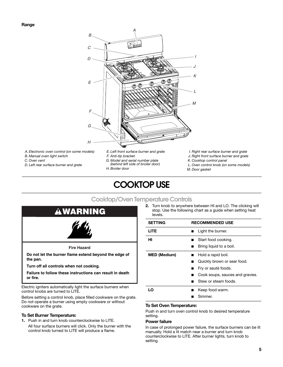 Cooktop use, Warning, Cooktop/oven temperature controls | Estate W10203464A User Manual | Page 5 / 28