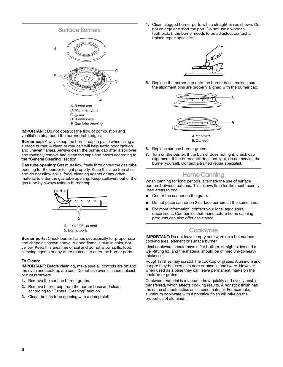 Surface burners, Home canning, Cookware | Estate W10203464A User Manual | Page 6 / 28