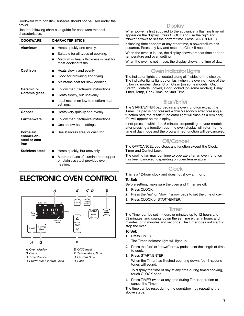 Electronic oven control, Display, Oven indicator lights | Start/enter, Off/cancel, Clock, Timer | Estate W10203464A User Manual | Page 7 / 28