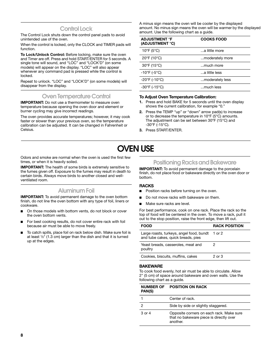 Oven use, Control lock, Oven temperature control | Aluminum foil, Positioning racks and bakeware | Estate W10203464A User Manual | Page 8 / 28