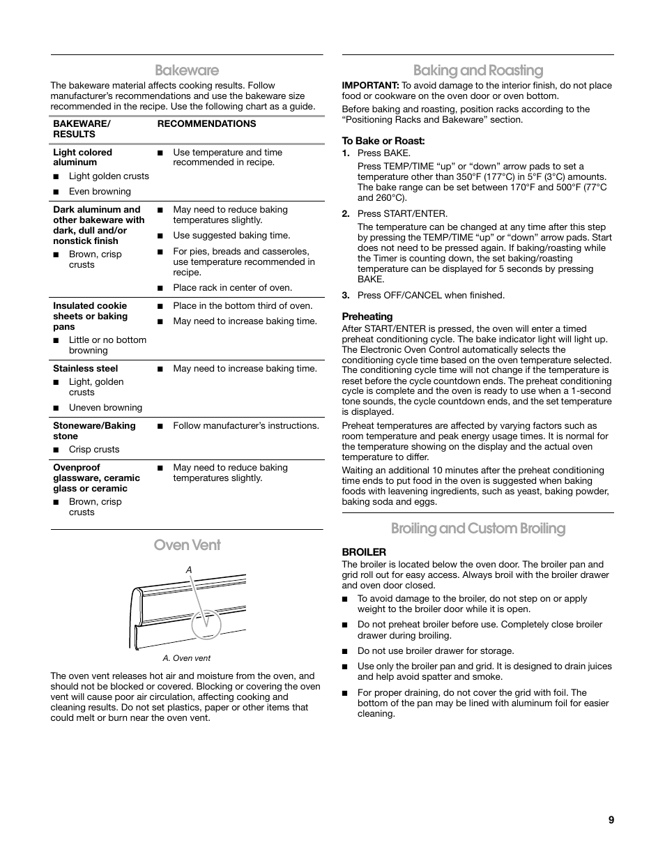 Bakeware, Oven vent, Baking and roasting | Broiling and custom broiling | Estate W10203464A User Manual | Page 9 / 28