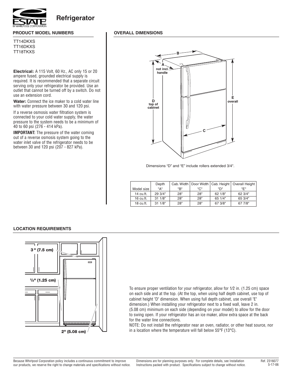 Estate TT14DKXS User Manual | 1 page