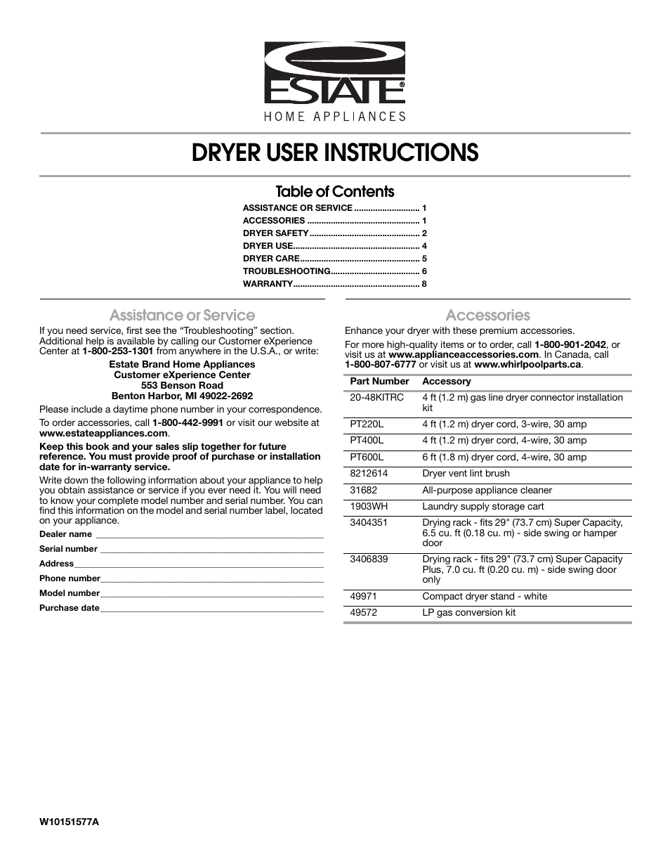 Estate W10151577A User Manual | 8 pages