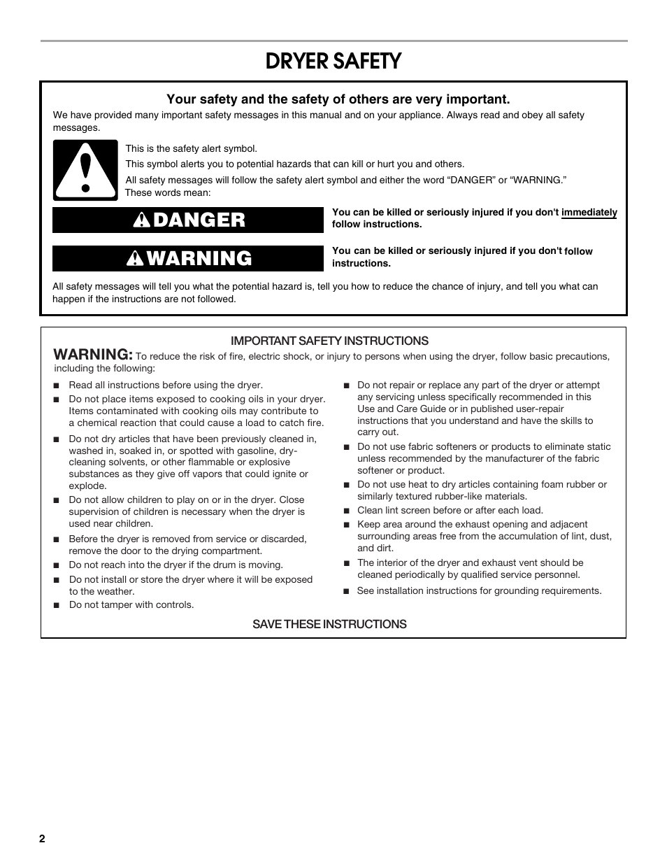 Dryer safety, Danger warning, Warning | Estate W10151577A User Manual | Page 2 / 8