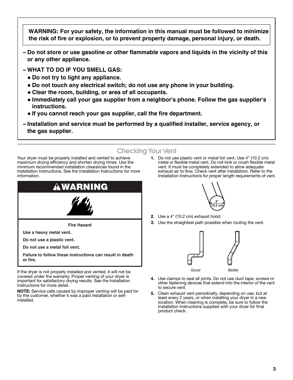 Warning, Checking your vent | Estate W10151577A User Manual | Page 3 / 8