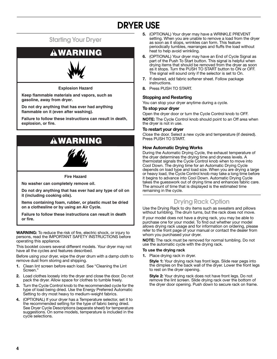 Dryer use, Warning, Starting your dryer | Drying rack option | Estate W10151577A User Manual | Page 4 / 8