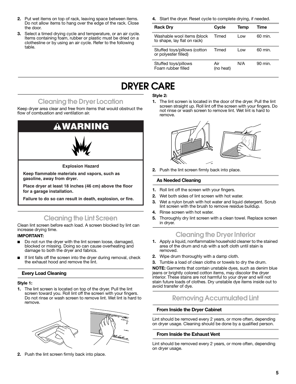 Dryer care, Warning, Cleaning the dryer location | Cleaning the lint screen, Cleaning the dryer interior, Removing accumulated lint | Estate W10151577A User Manual | Page 5 / 8