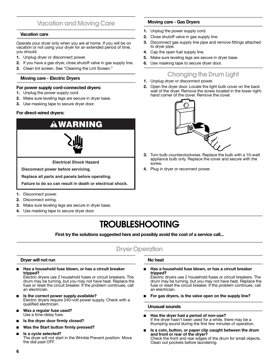 Troubleshooting, Warning, Vacation and moving care | Changing the drum light, Dryer operation | Estate W10151577A User Manual | Page 6 / 8