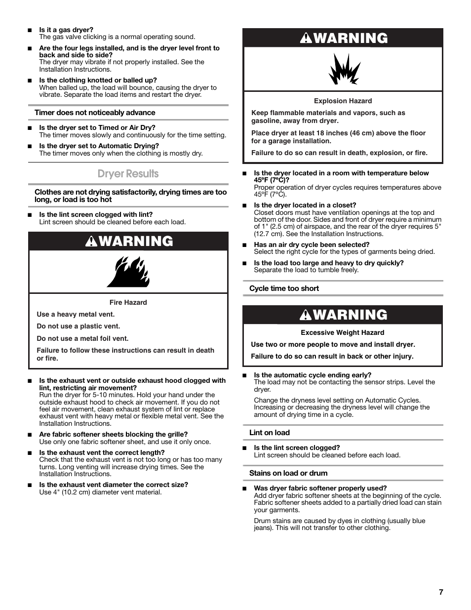 Warning, Dryer results | Estate W10151577A User Manual | Page 7 / 8