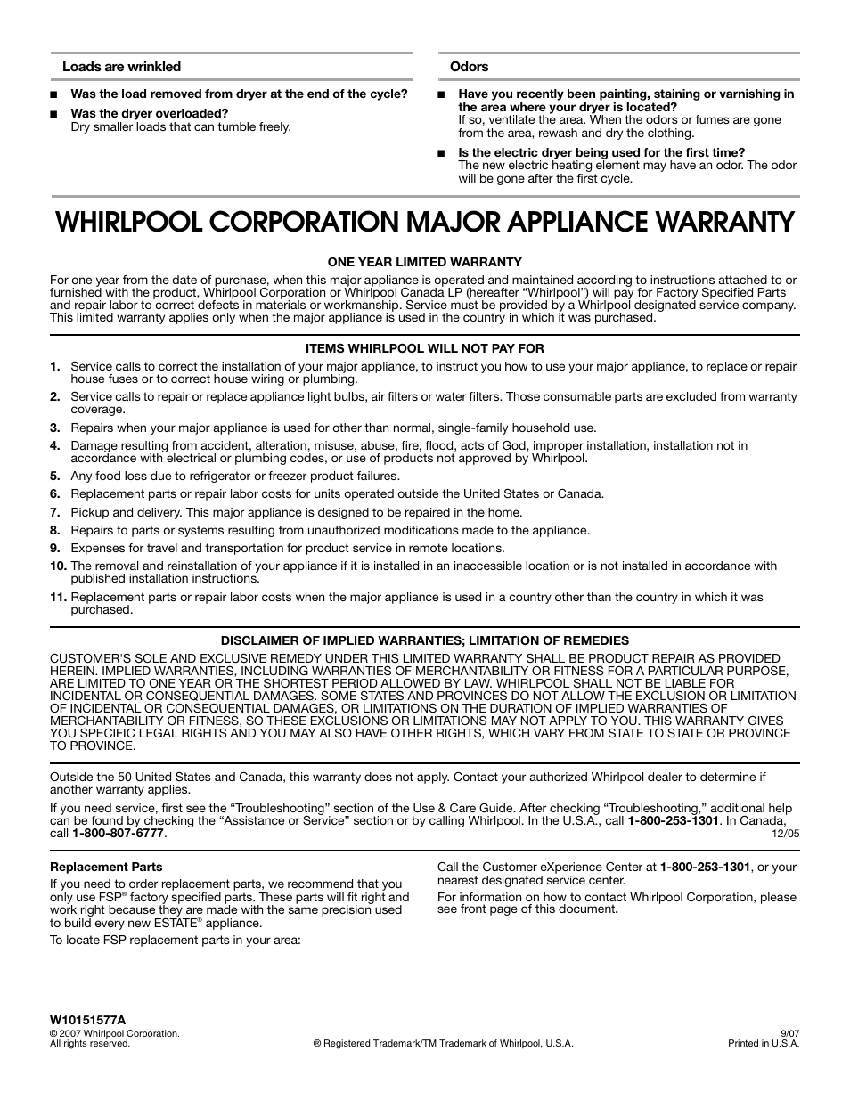 Whirlpool corporation major appliance warranty | Estate W10151577A User Manual | Page 8 / 8