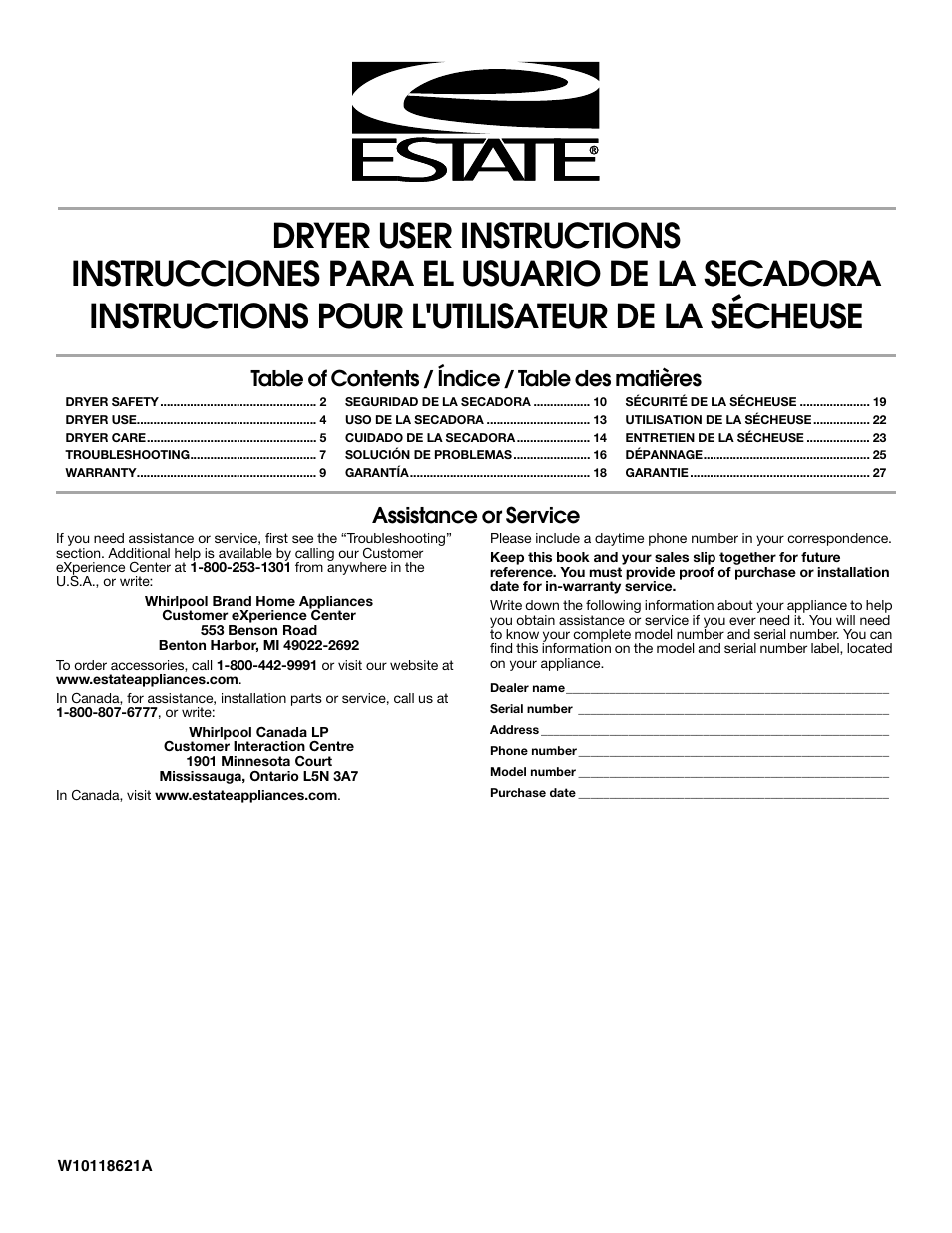 Estate W10118621A User Manual | 28 pages