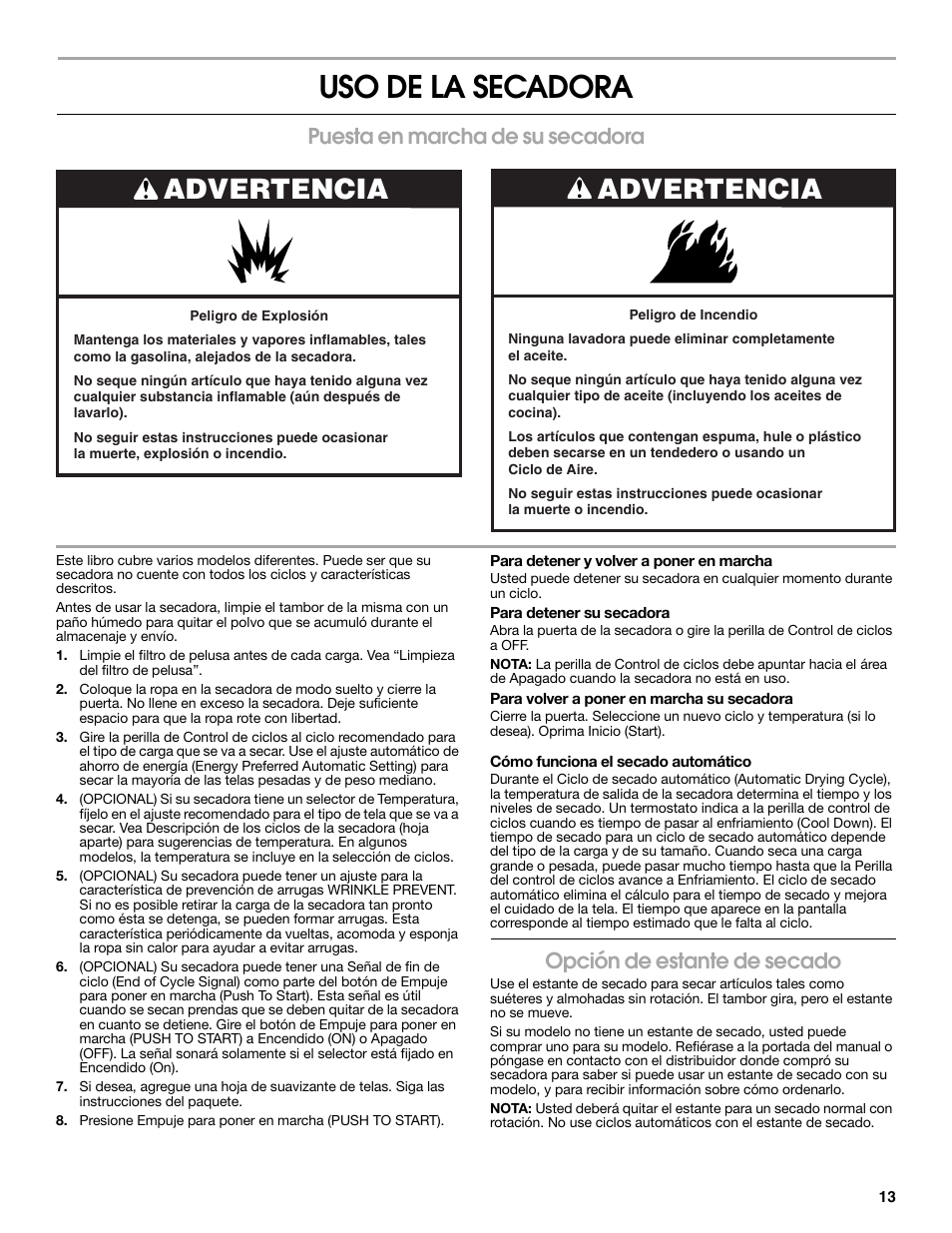 Uso de la secadora, Advertencia, Puesta en marcha de su secadora | Opción de estante de secado | Estate W10118621A User Manual | Page 13 / 28