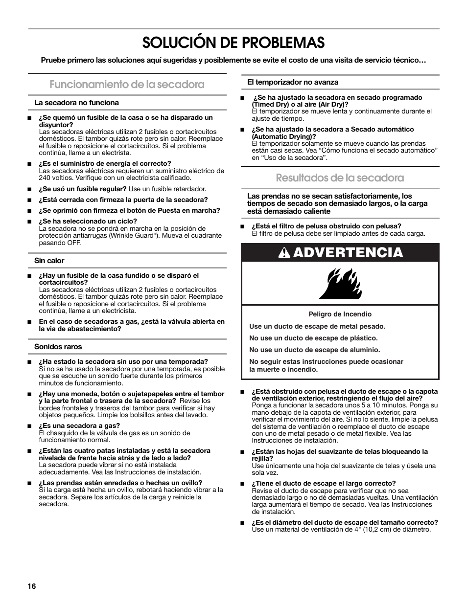 Solución de problemas, Advertencia, Funcionamiento de la secadora | Resultados de la secadora | Estate W10118621A User Manual | Page 16 / 28