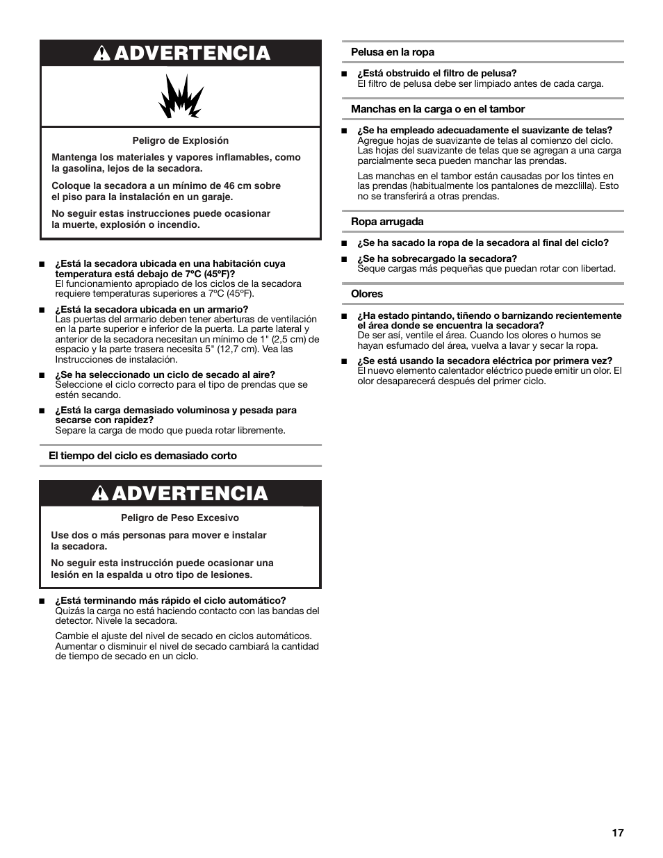 Advertencia | Estate W10118621A User Manual | Page 17 / 28