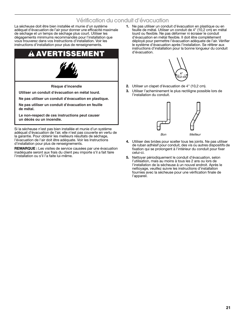 Avertissement, Vérification du conduit d’évacuation | Estate W10118621A User Manual | Page 21 / 28