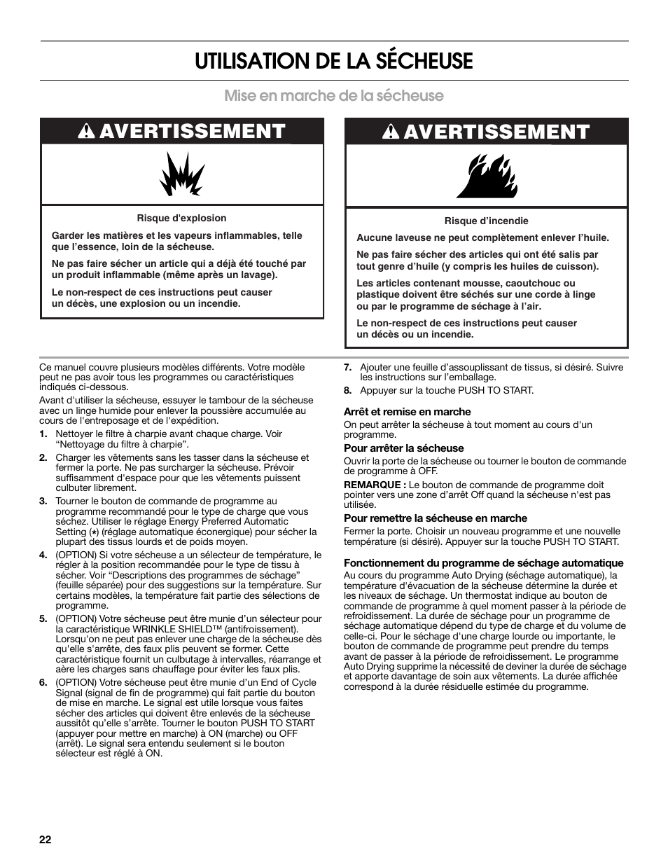 Utilisation de la sécheuse, Avertissement, Mise en marche de la sécheuse | Estate W10118621A User Manual | Page 22 / 28