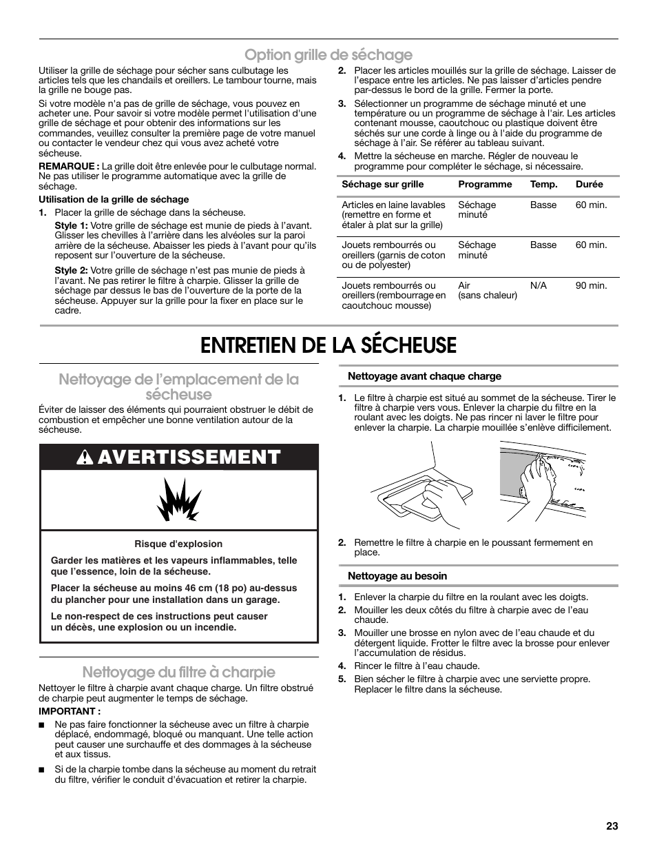 Entretien de la sécheuse, Avertissement, Option grille de séchage | Nettoyage de l’emplacement de la sécheuse, Nettoyage du filtre à charpie | Estate W10118621A User Manual | Page 23 / 28