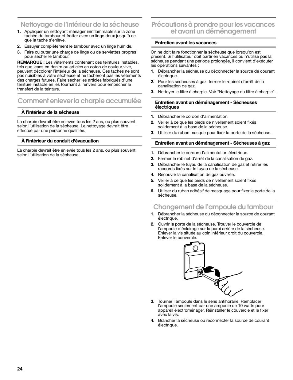 Nettoyage de l’intérieur de la sécheuse, Comment enlever la charpie accumulée, Changement de l’ampoule du tambour | Estate W10118621A User Manual | Page 24 / 28