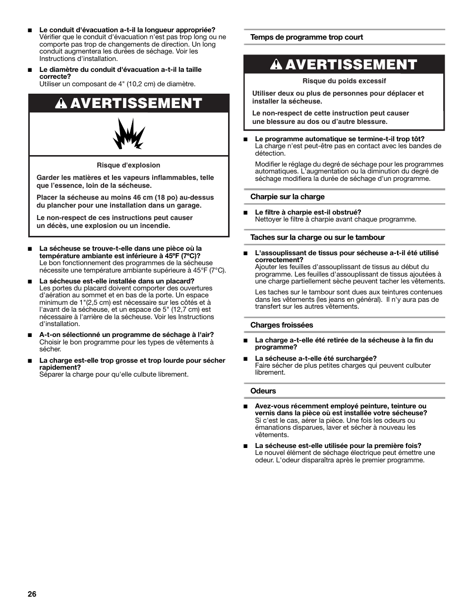 Avertissement | Estate W10118621A User Manual | Page 26 / 28