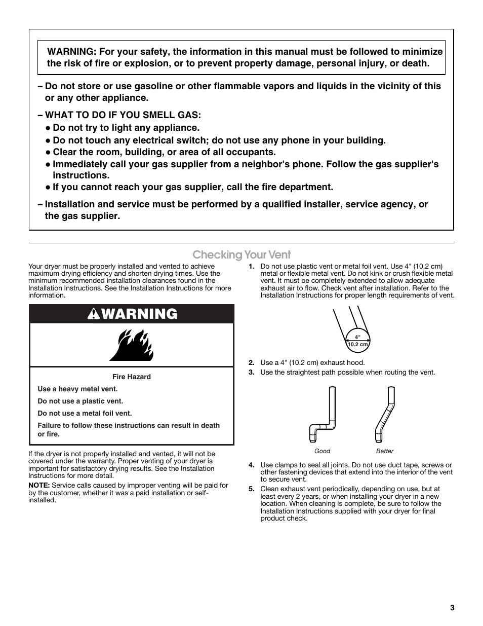 Warning, Checking your vent | Estate W10118621A User Manual | Page 3 / 28