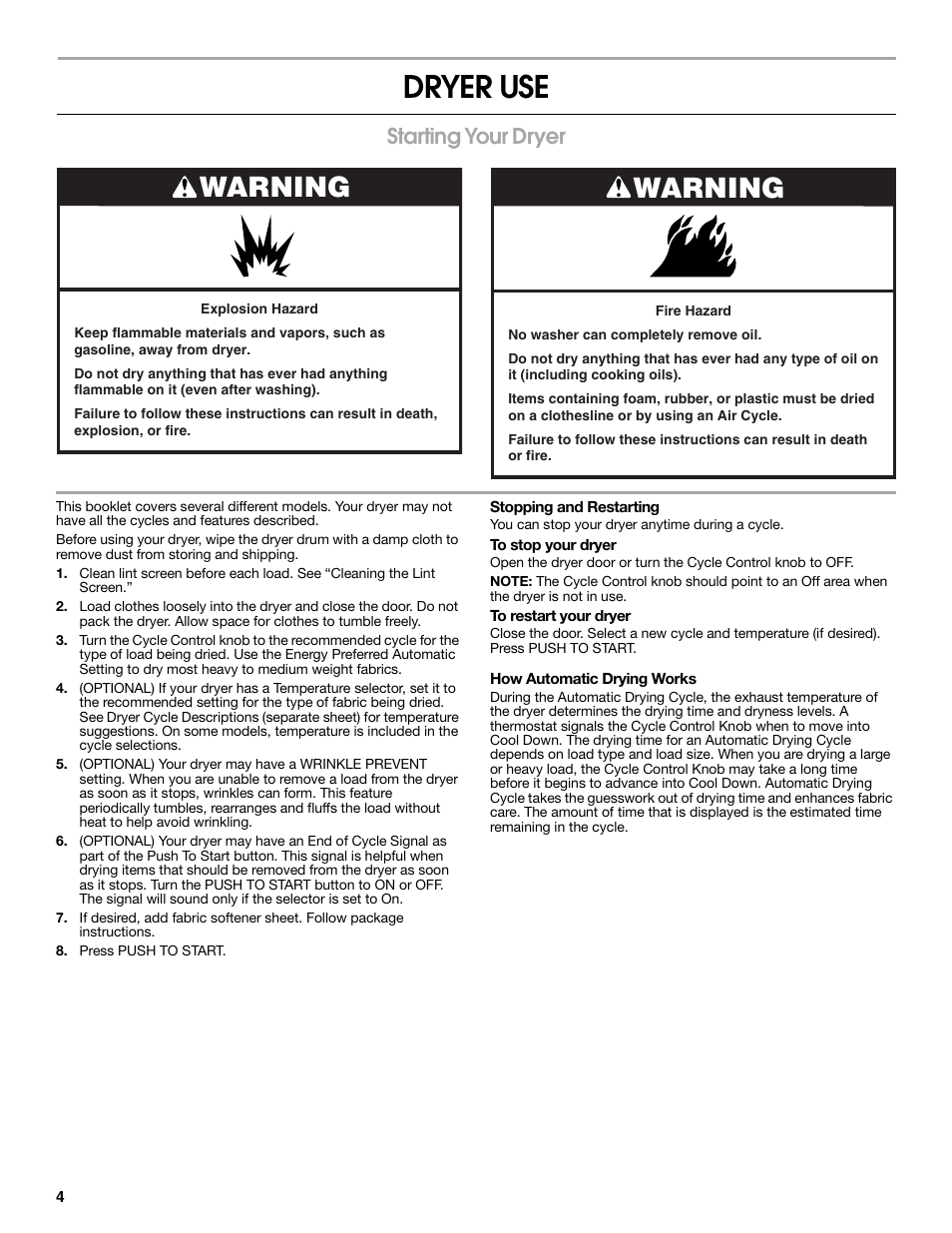 Dryer use, Warning, Starting your dryer | Estate W10118621A User Manual | Page 4 / 28