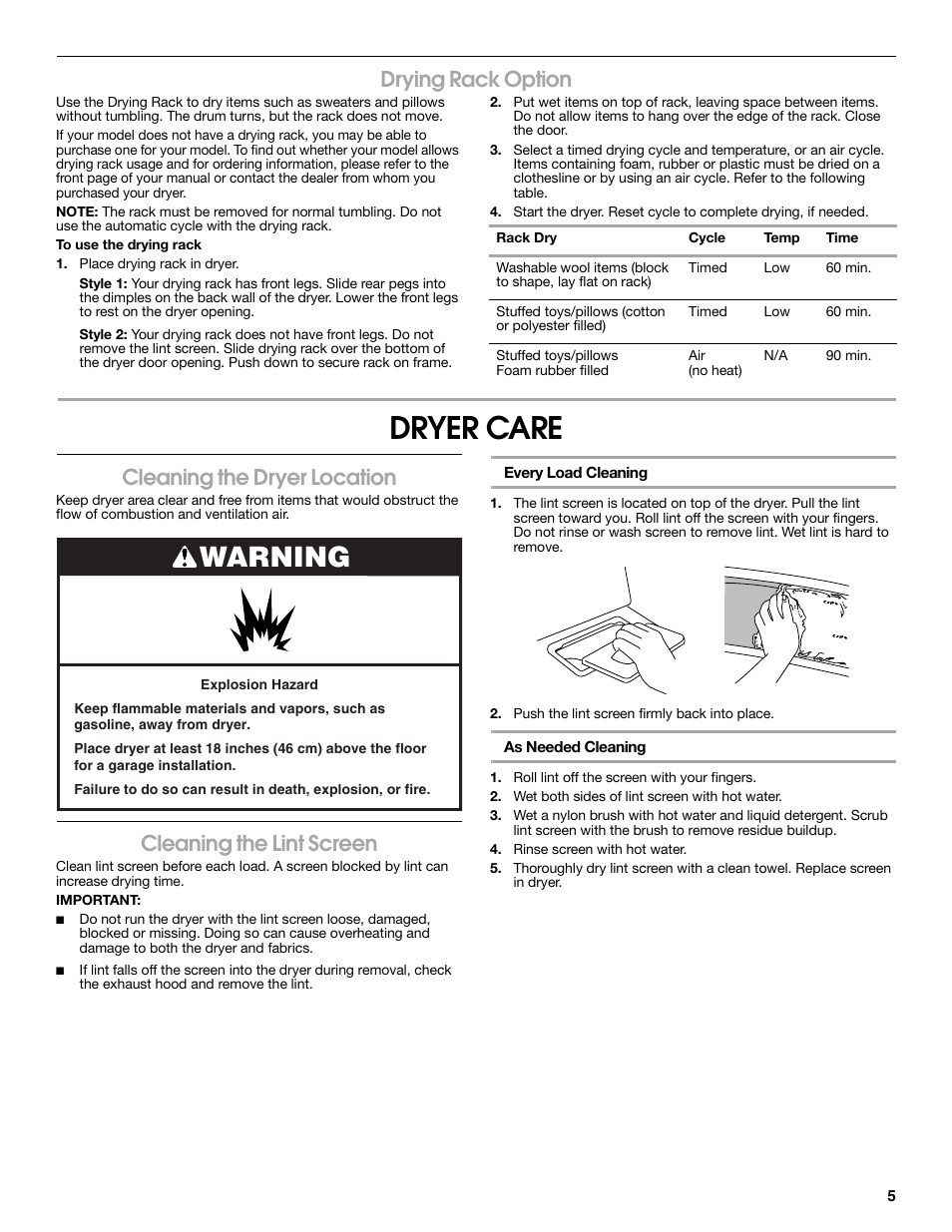 Dryer care, Warning, Drying rack option | Cleaning the dryer location, Cleaning the lint screen | Estate W10118621A User Manual | Page 5 / 28