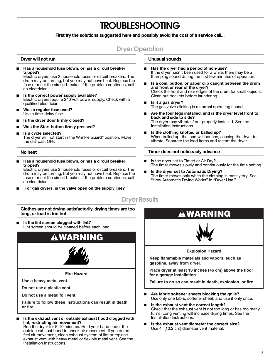 Troubleshooting, Warning, Dryer operation | Dryer results | Estate W10118621A User Manual | Page 7 / 28