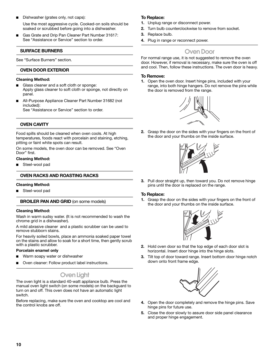Oven light, Oven door | Estate W10173754A User Manual | Page 10 / 28