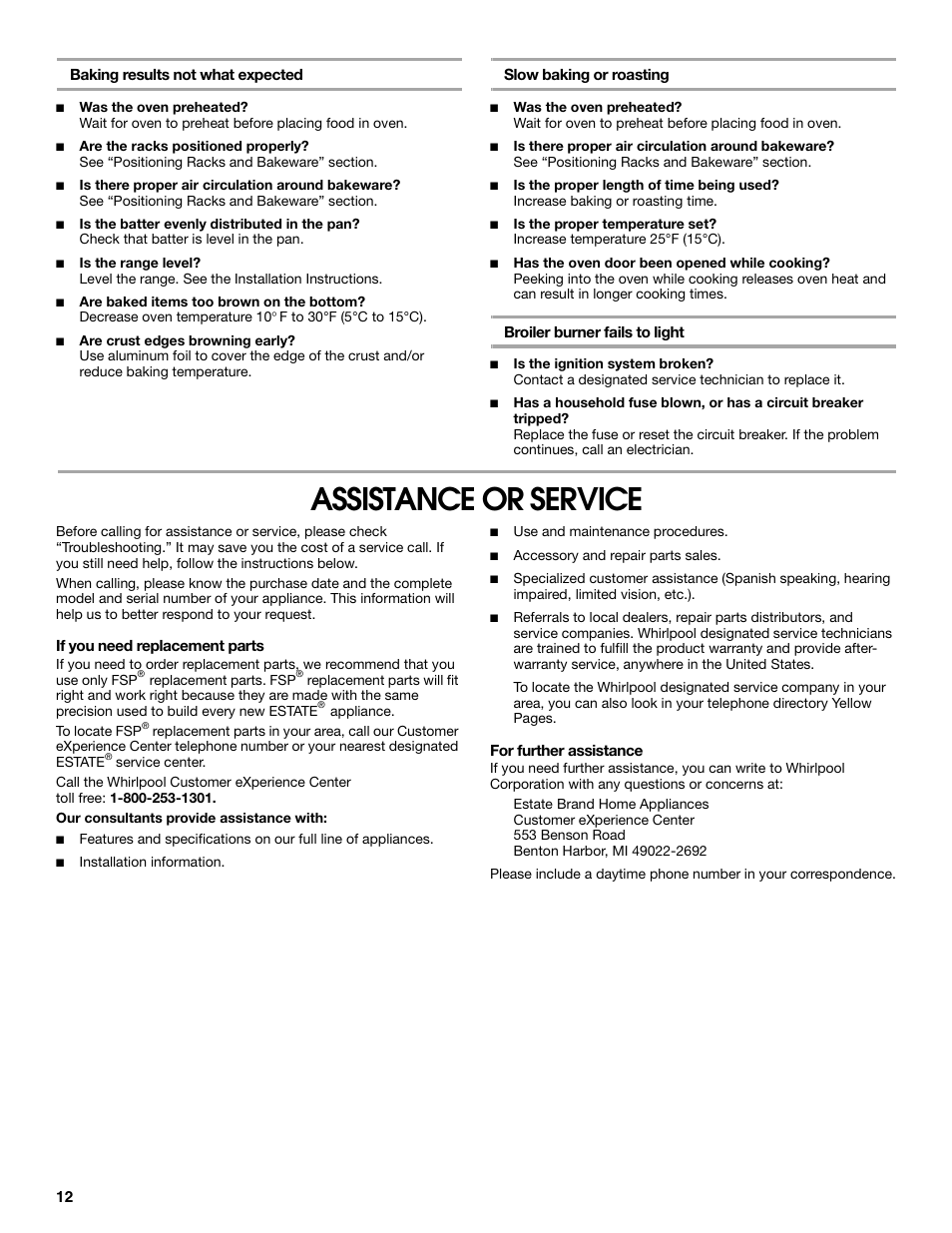 Assistance or service | Estate W10173754A User Manual | Page 12 / 28