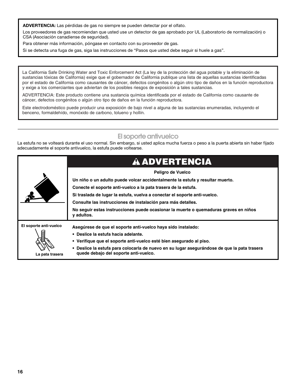 Advertencia, El soporte antivuelco | Estate W10173754A User Manual | Page 16 / 28