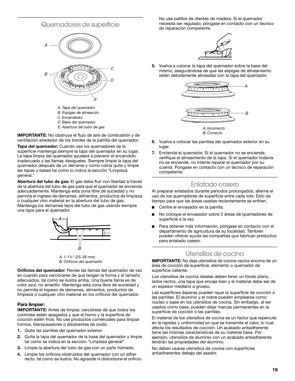 Quemadores de superficie, Enlatado casero, Utensilios de cocina | Estate W10173754A User Manual | Page 19 / 28