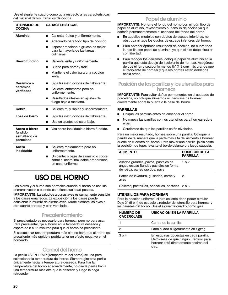 Uso del horno, Precalentamiento, Control del horno | Papel de aluminio | Estate W10173754A User Manual | Page 20 / 28