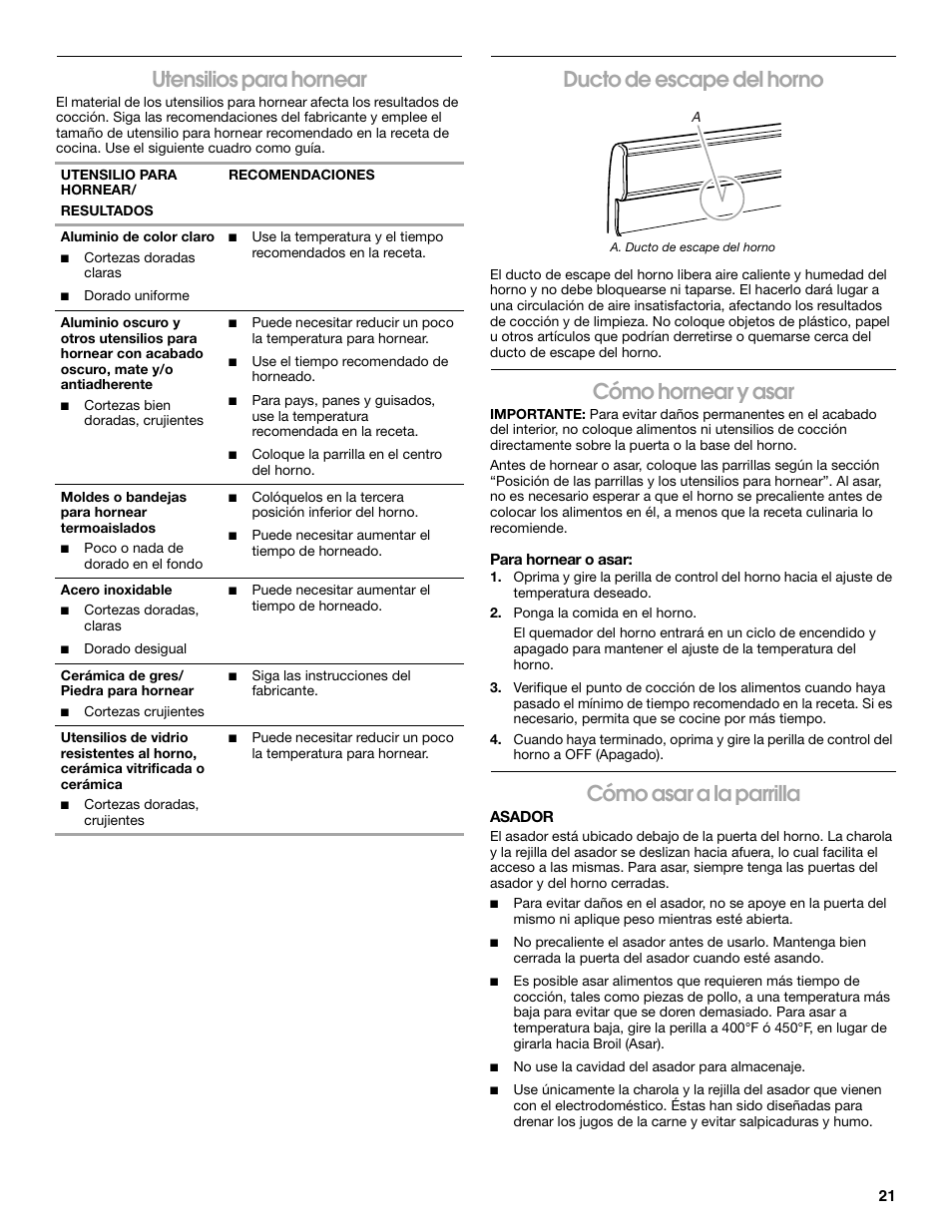 Utensilios para hornear, Ducto de escape del horno, Cómo hornear y asar | Cómo asar a la parrilla | Estate W10173754A User Manual | Page 21 / 28