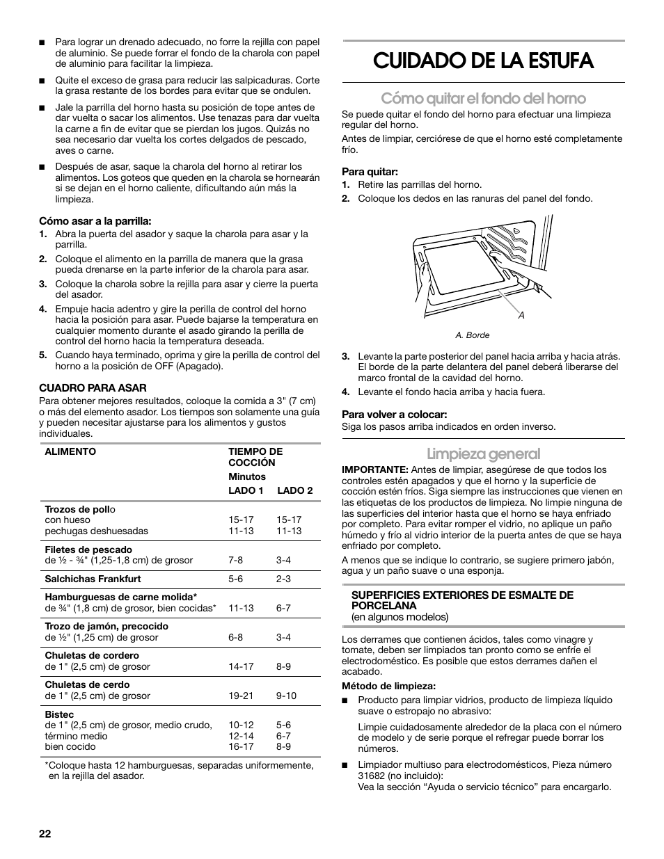 Cuidado de la estufa, Cómo quitar el fondo del horno, Limpieza general | Estate W10173754A User Manual | Page 22 / 28