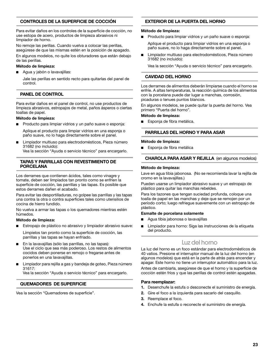 Luz del horno | Estate W10173754A User Manual | Page 23 / 28