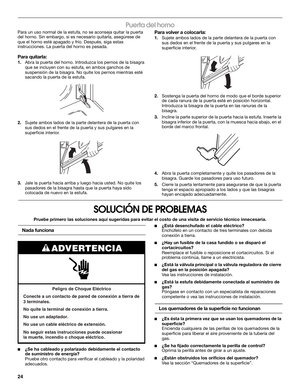 Solución de problemas, Advertencia, Puerta del horno | Estate W10173754A User Manual | Page 24 / 28