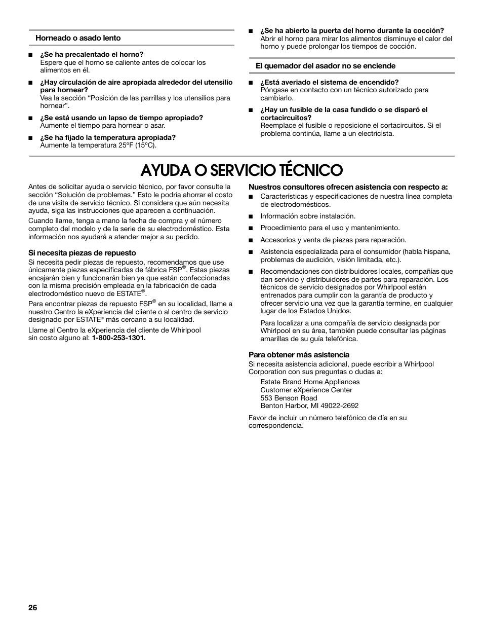 Ayuda o servicio técnico | Estate W10173754A User Manual | Page 26 / 28